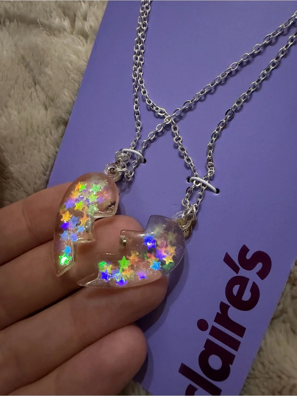 NWT-Claire's Clear Iridescent Star Best Friends Heart Pendant Necklace Set